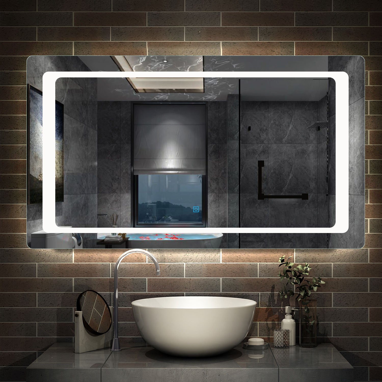 LED rondhoekige badkamerspiegel 120x70cm/140x80cm,5mm wandspiegel,enkele touch sensor schakelaar,koud wit,anti-condens