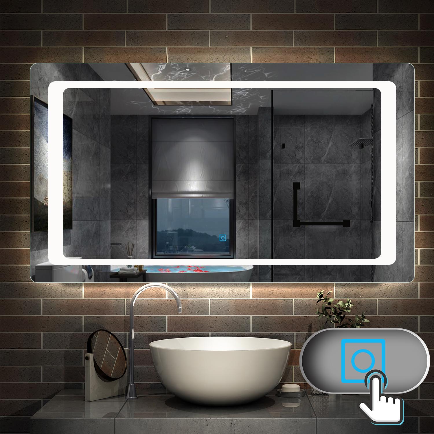 LED rondhoekige badkamerspiegel 120x70cm/140x80cm,5mm wandspiegel,enkele touch sensor schakelaar,koud wit,anti-condens
