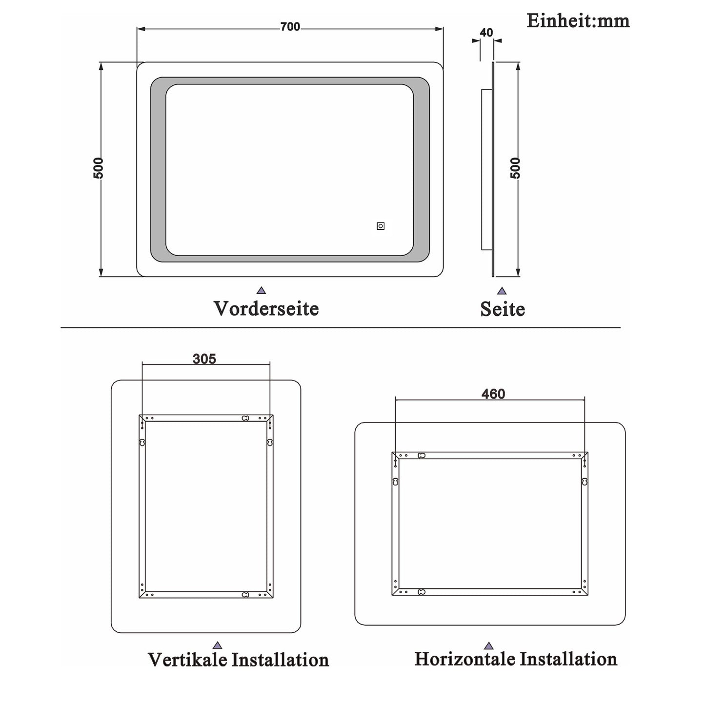 LED rondhoekige badkamerspiegel 70-100 cm,5mm wandspiegel,enkele touch sensor schakelaar,koud wit,anti-condens 70x50 cm