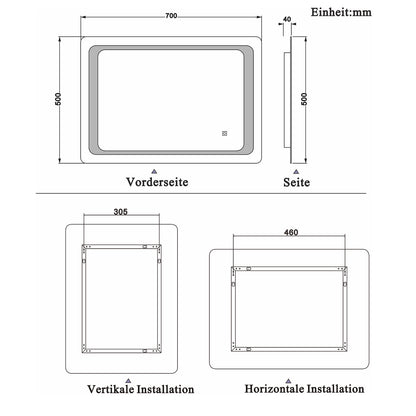 LED rondhoekige badkamerspiegel 70-100 cm,5mm wandspiegel,enkele touch sensor schakelaar,koud wit,anti-condens 70x50 cm