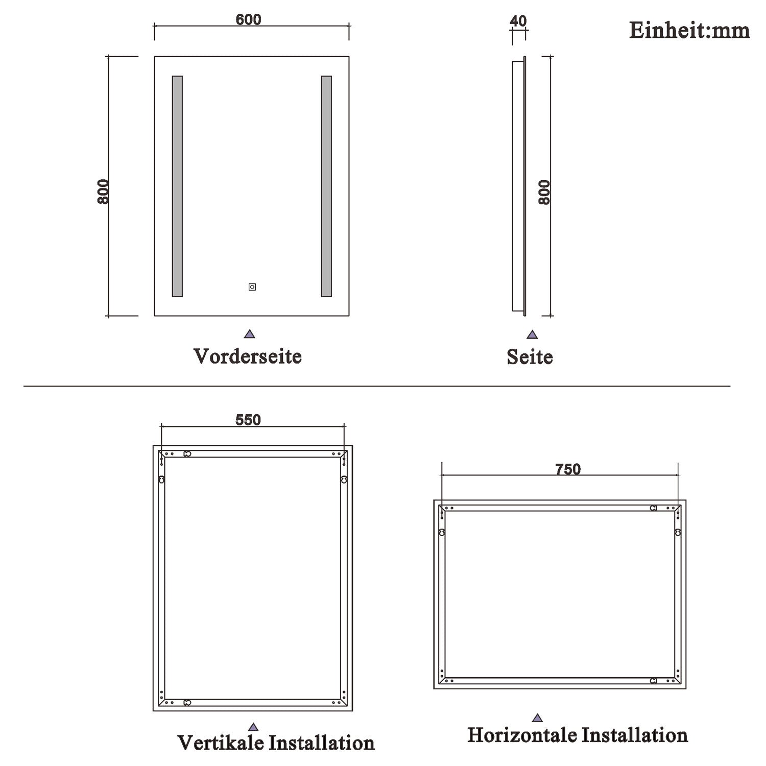LED rechthoekige badkamerspiegel 45x60 / 50x70 / 60x80cm,4mm wandspiegel,enkele touch sensor schakelaar,anti-condens 60x80 cm