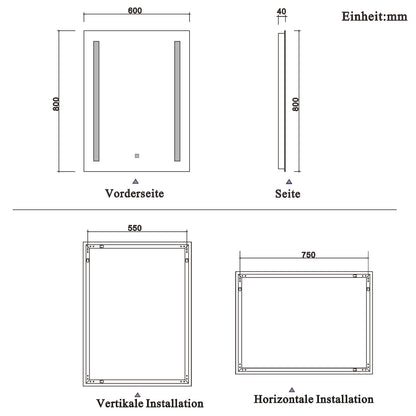 LED rechthoekige badkamerspiegel 45x60 / 50x70 / 60x80cm,4mm wandspiegel,enkele touch sensor schakelaar,anti-condens 60x80 cm