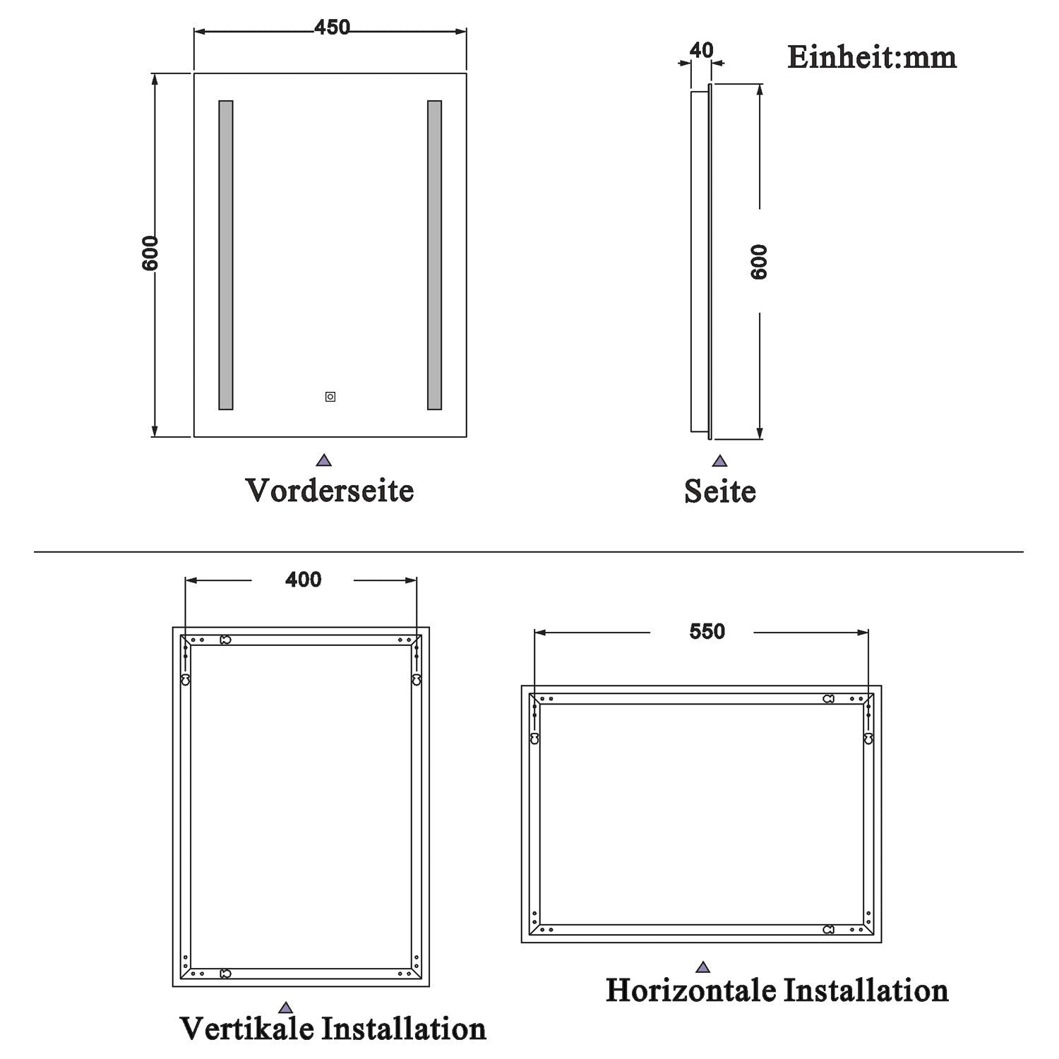 LED rechthoekige badkamerspiegel 45x60 / 50x70 / 60x80cm,4mm wandspiegel,enkele touch sensor schakelaar,anti-condens 45x60 cm