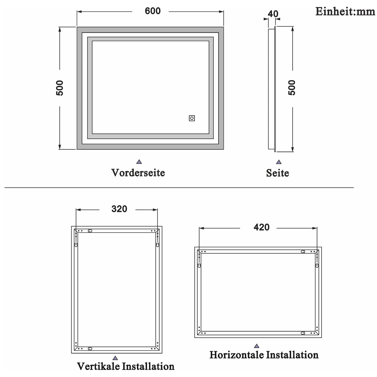 LED rechthoekige badkamerspiegel 60x50cm/70x50cm/80x60cm/90x70cm,4mm dubbele licht banen wandspiegel,enkele touch sensor schakelaar,koud wit,anti-condens