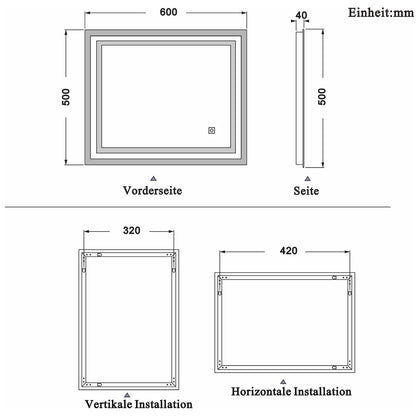 LED rechthoekige badkamerspiegel 60x50cm/70x50cm/80x60cm/90x70cm,4mm dubbele licht banen wandspiegel,enkele touch sensor schakelaar,koud wit,anti-condens