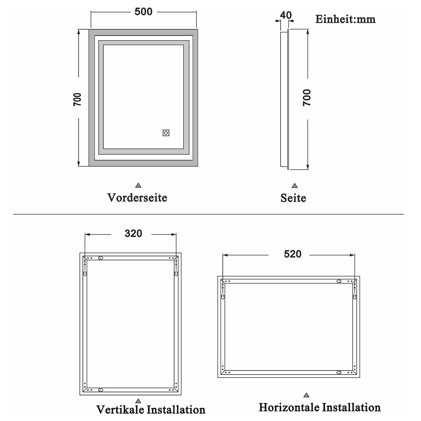 LED rechthoekige badkamerspiegel 60x50cm/70x50cm/80x60cm/90x70cm,4mm dubbele licht banen wandspiegel,enkele touch sensor schakelaar,koud wit,anti-condens 70x50 cm