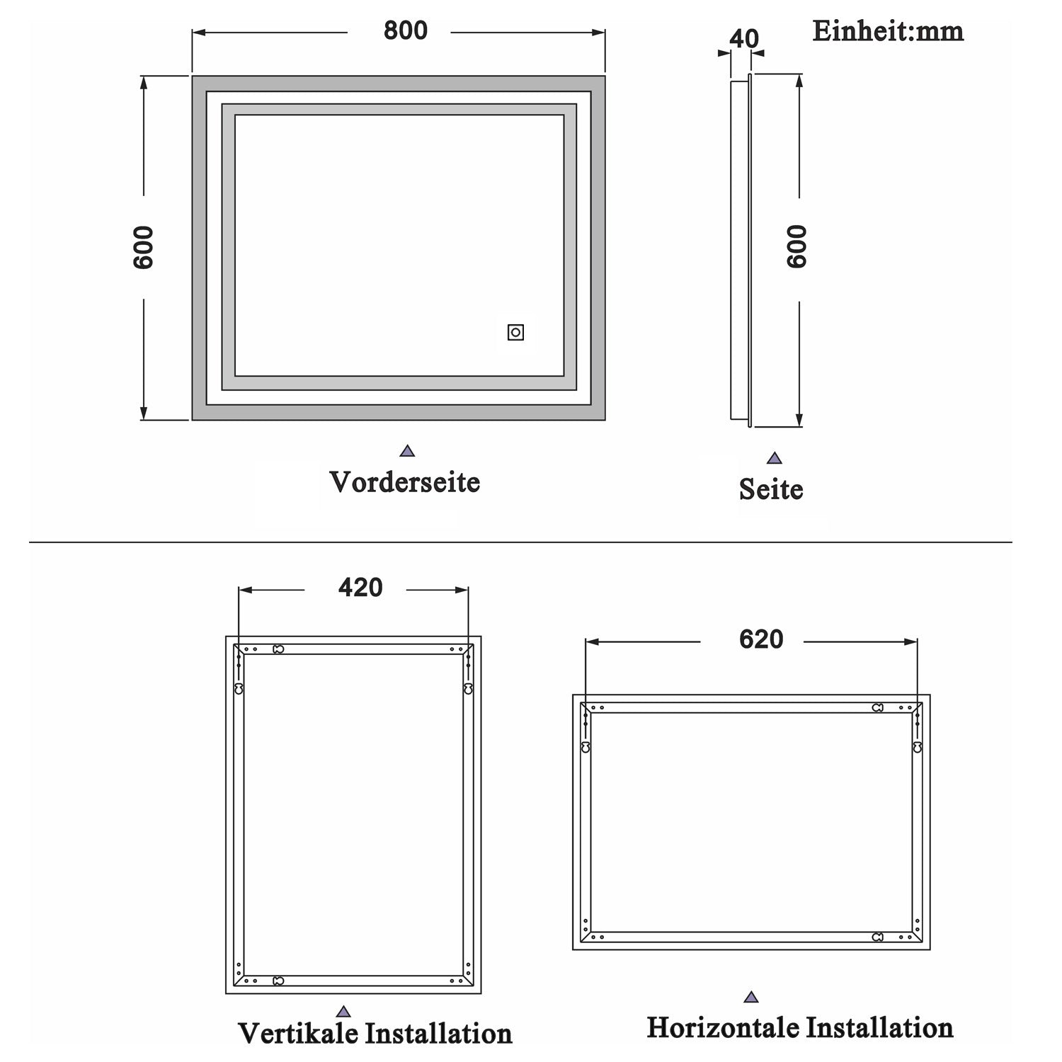 LED rechthoekige badkamerspiegel 60x50cm/70x50cm/80x60cm/90x70cm,4mm dubbele licht banen wandspiegel,enkele touch sensor schakelaar,koud wit,anti-condens 80c60 cm Ja