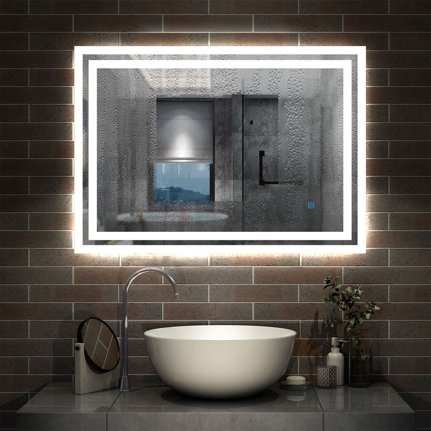 LED rechthoekige badkamerspiegel 60x50cm/70x50cm/80x60cm/90x70cm,4mm dubbele licht banen wandspiegel,enkele touch sensor schakelaar,koud wit,anti-condens