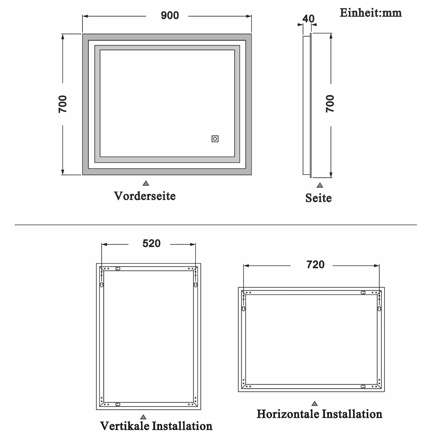 LED rechthoekige badkamerspiegel 60x50cm/70x50cm/80x60cm/90x70cm,4mm dubbele licht banen wandspiegel,enkele touch sensor schakelaar,koud wit,anti-condens 90x70 cm Ja