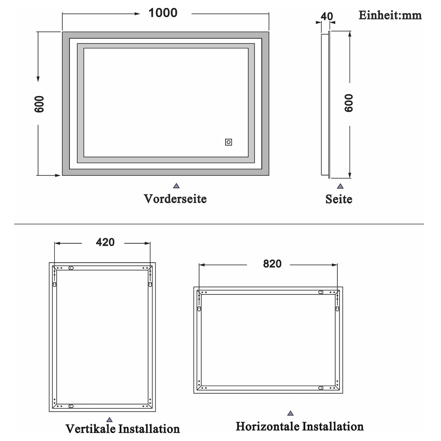 LED rechthoekige badkamerspiegel 60x50cm/70x50cm/80x60cm/90x70cm,4mm dubbele licht banen wandspiegel,enkele touch sensor schakelaar,koud wit,anti-condens