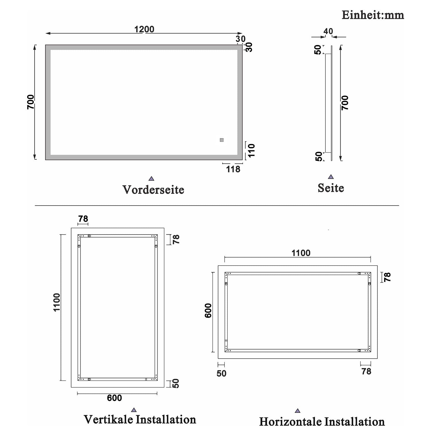 LED rechthoekige badkamerspiegel 50-120 cm,4mm randloze rondom licht banen wandspiegel,enkele touch sensor schakelaar,koud wit,anti-condens 70x120 cm Ja