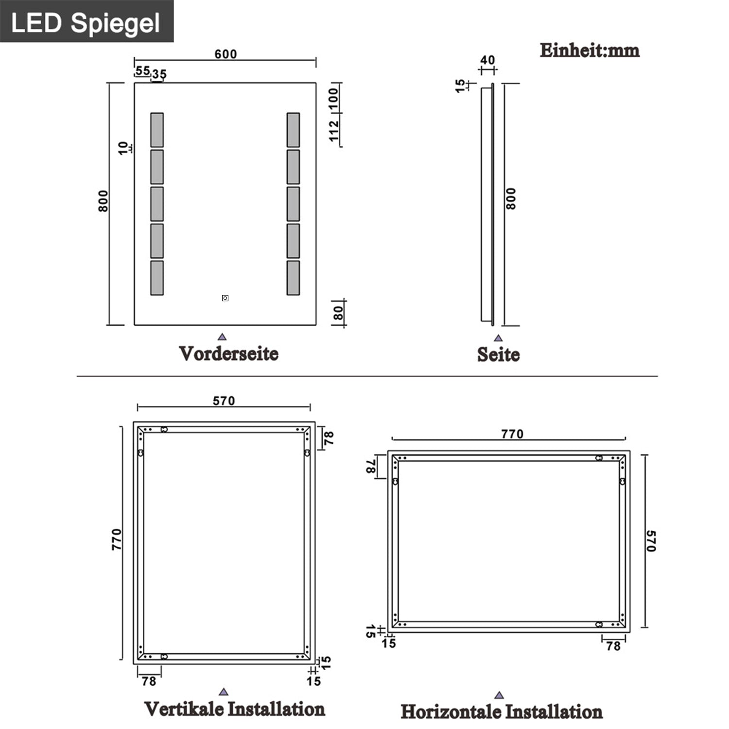 LED-badkamerwandspiegel 45x60 / 50x70 / 60x80cm, met verlichte enkele aanraaksensorschakelaar,anti-condens koel wit 60x80 cm
