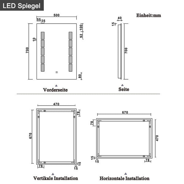 LED-badkamerwandspiegel 45x60 / 50x70 / 60x80cm, met verlichte enkele aanraaksensorschakelaar,anti-condens koel wit