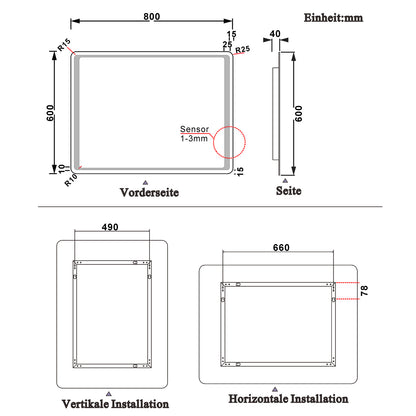 LED rondhoekige badkamerspiegel 70-100 cm,5mm wandspiegel,IR sensor schakelaar,koud wit,anti-condens