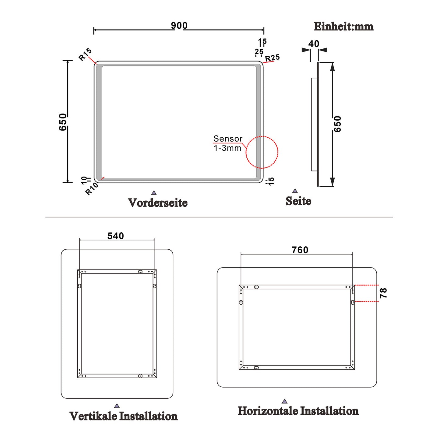 LED rondhoekige badkamerspiegel 70-100 cm,5mm wandspiegel,IR sensor schakelaar,koud wit,anti-condens 90x65 cm