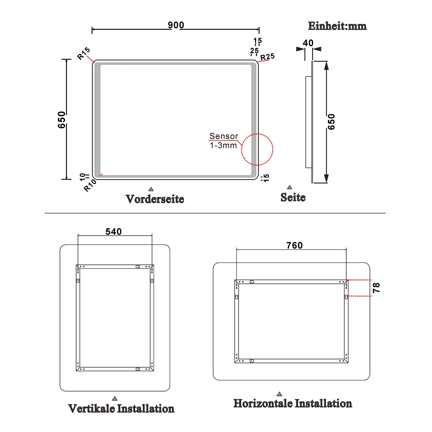 LED rondhoekige badkamerspiegel 70-100 cm,5mm wandspiegel,IR sensor schakelaar,koud wit,anti-condens 90x65 cm