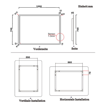 LED rondhoekige badkamerspiegel 70-100 cm,5mm wandspiegel,IR sensor schakelaar,koud wit,anti-condens 100x70 cm