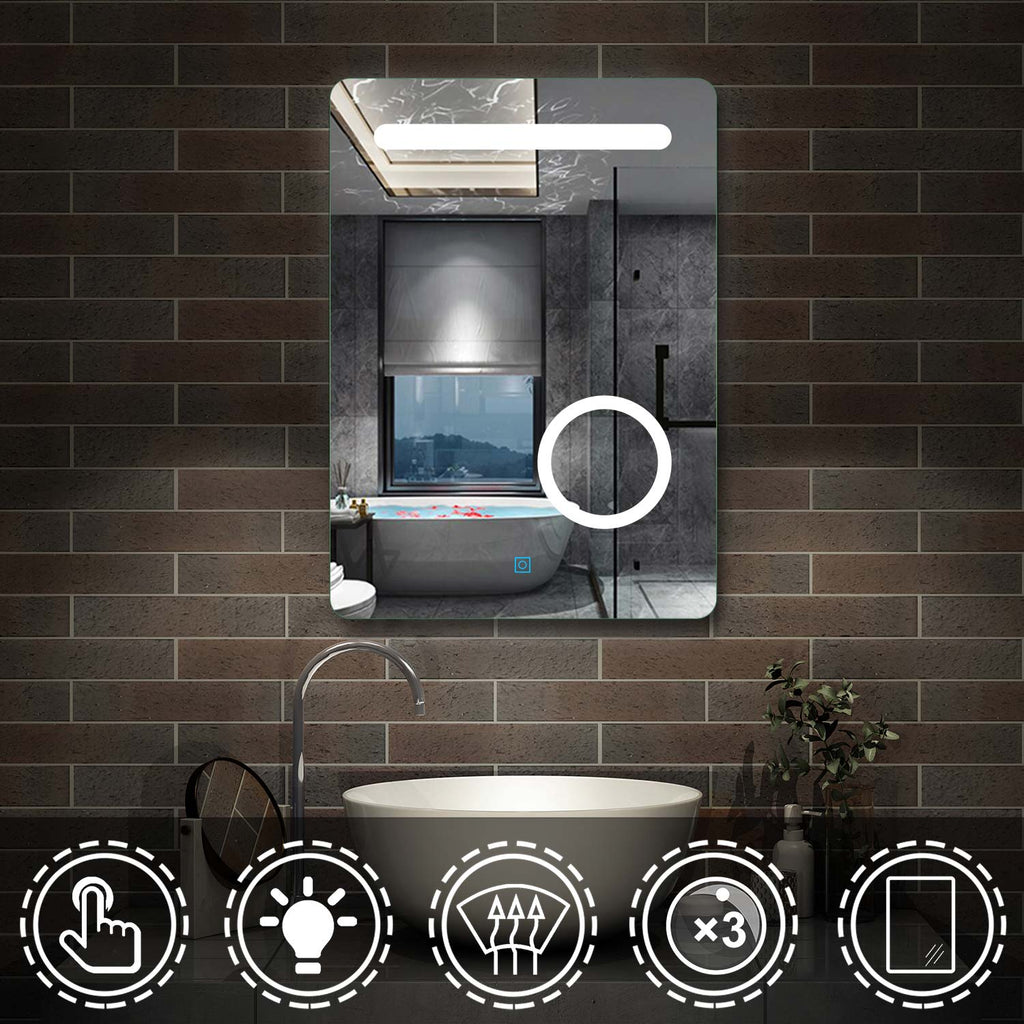 LED badkamerspiegel 50x70cm wandspiegel met touch, condensvrij, 3-voudige vergroting Make-up spiegel IP44 koudwit,energiebesparend