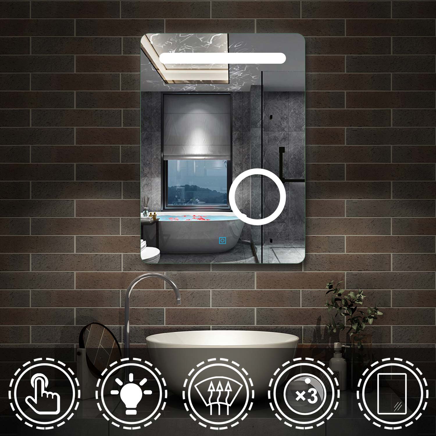 LED badkamerspiegel 50x70cm wandspiegel met touch, condensvrij, 3-voudige vergroting Make-up spiegel IP44 koudwit,energiebesparend