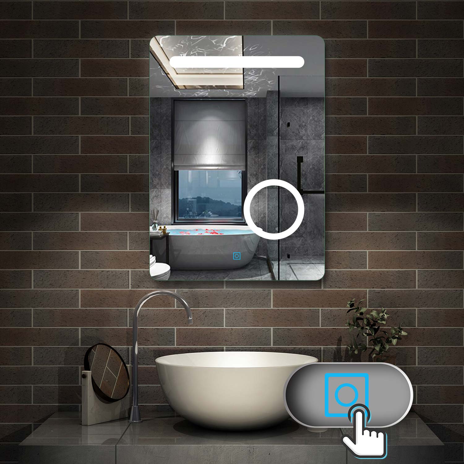 LED badkamerspiegel 50x70cm wandspiegel met touch, condensvrij, 3-voudige vergroting Make-up spiegel IP44 koudwit,energiebesparend