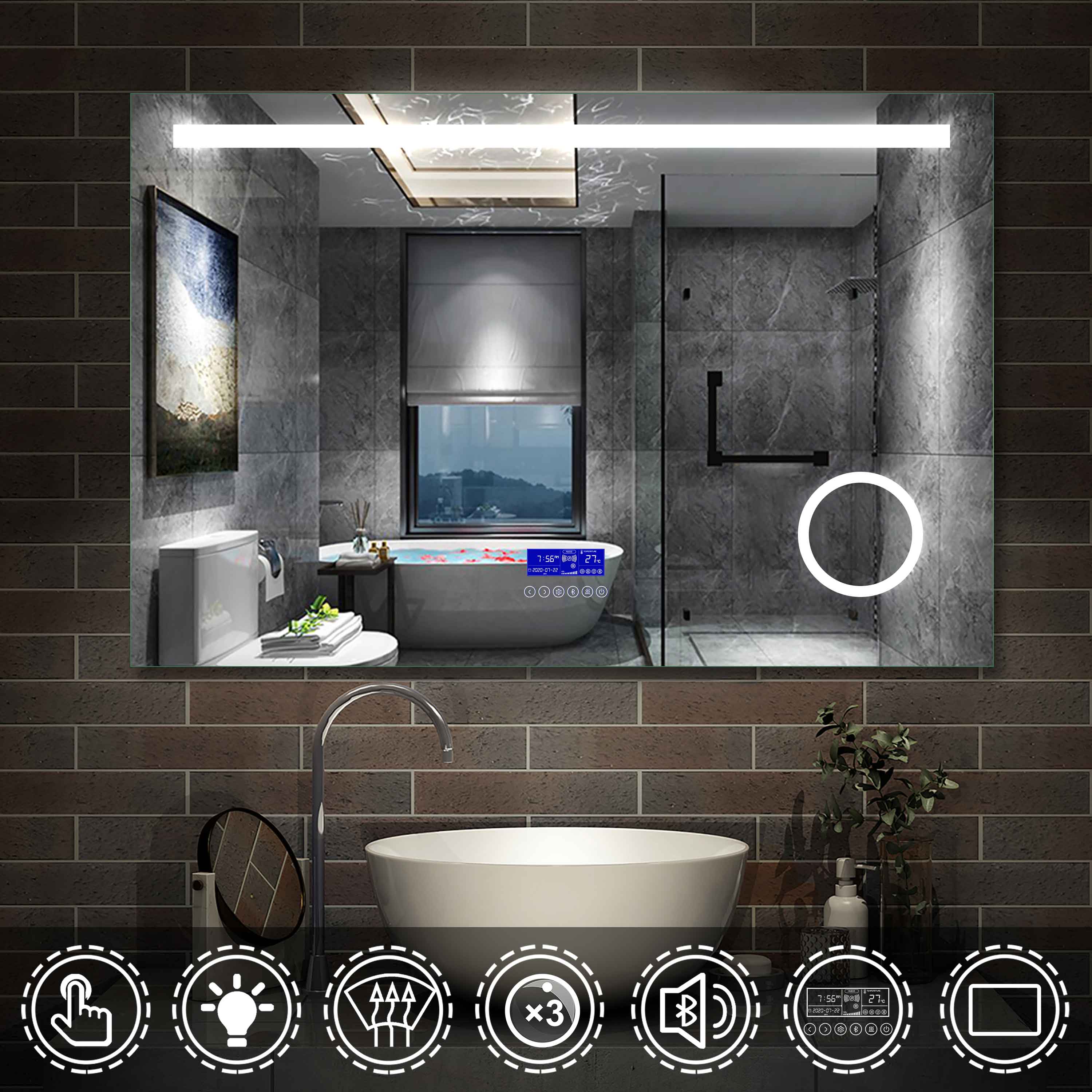 LED badkamerspiegel 80 tot 140 cm 2 lichtkleurige wandspiegel met Bluetooth, touch, condensvrij, 3-voudige vergroting Make-up spiegel IP44 koud/warm wit energiebesparend