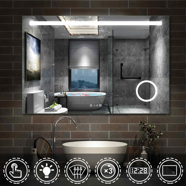LED badkamerspiegel 80-140cm wandspiegel met klok, touch, condensvrij, 3-voudige vergroting Make-up spiegel IP44 koud wit, energiebesparend