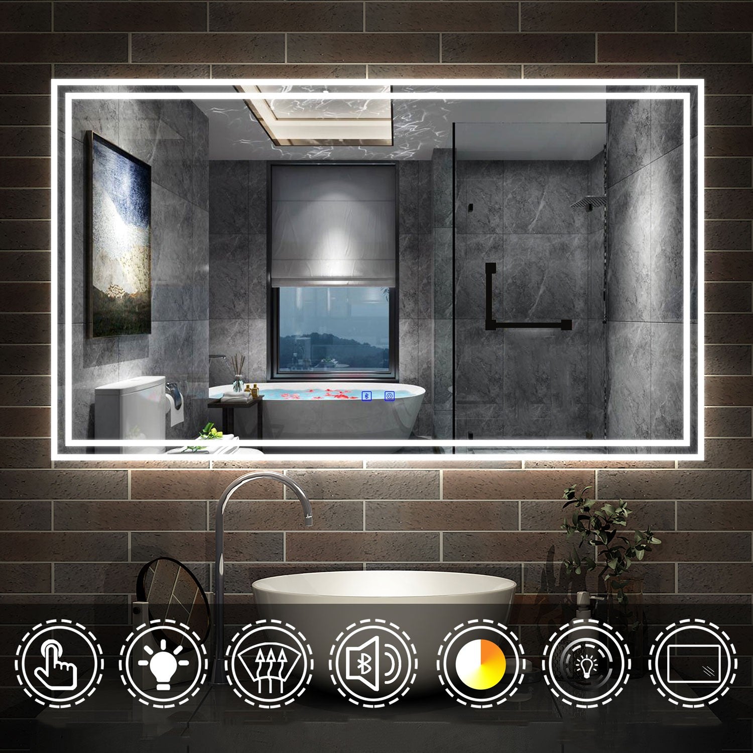 LED badkamerspiegel 70 tot 160cm met Bluetooth, touch, anti-fog, wandspiegel 3 licht kleur 2700-6500K, dimbaar, IP44