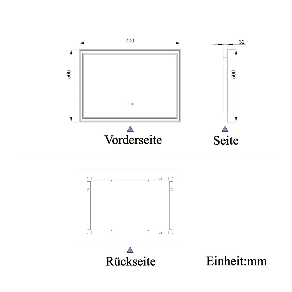 LED badkamerspiegel 70 tot 160cm met Bluetooth, touch, anti-fog, wandspiegel 3 licht kleur 2700-6500K, dimbaar, IP44 70x50 cm Bluetooth+Touch