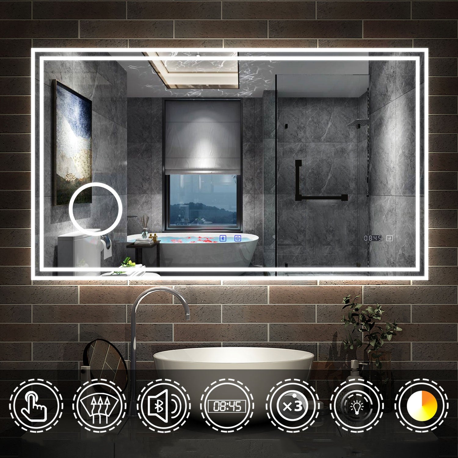 LED badkamerspiegel 70 tot 160cm met Bluetooth, touch, anti-fog, wandspiegel 3 licht kleur 2700-6500K, dimbaar, IP44