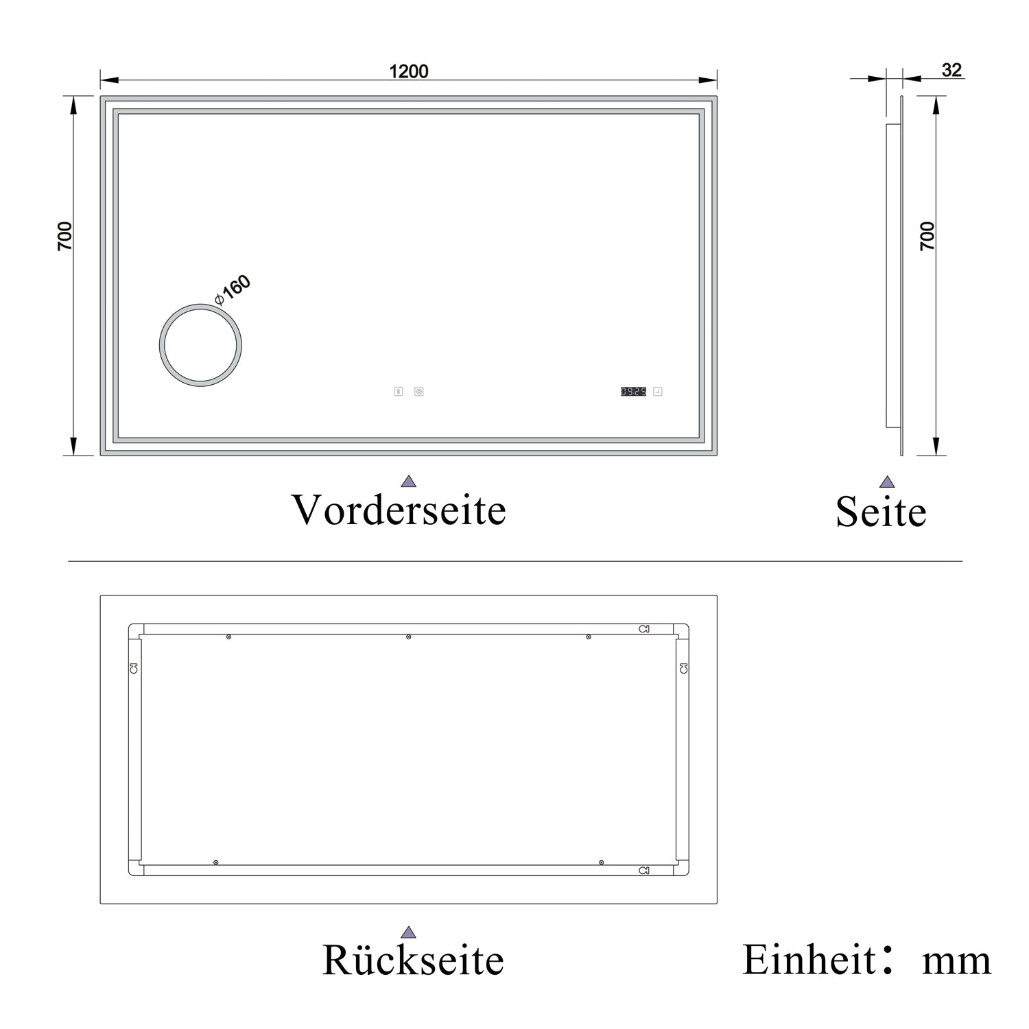 LED badkamerspiegel 70 tot 160cm met Bluetooth, touch, anti-fog, wandspiegel 3 licht kleur 2700-6500K, dimbaar, IP44 120x70 cm Bluetooth+Touch+Klok+Loepen