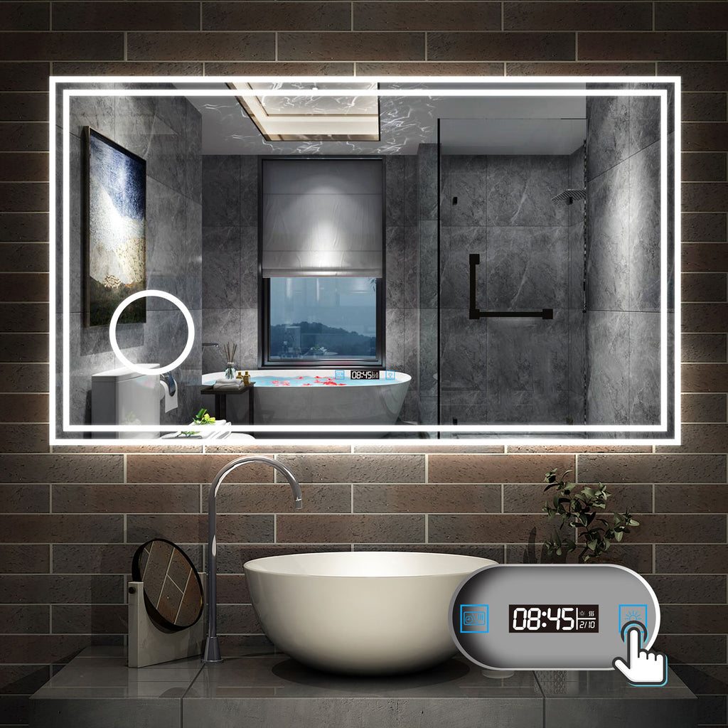 LED badkamerspiegel 80 tot 160cm 3 lichtkleur 2700-6500K wandspiegel met klok, touch, anti-condens, 3-voudige vergroting Make-up spiegel IP44 koud / neutraal / warm wit Dimbaar