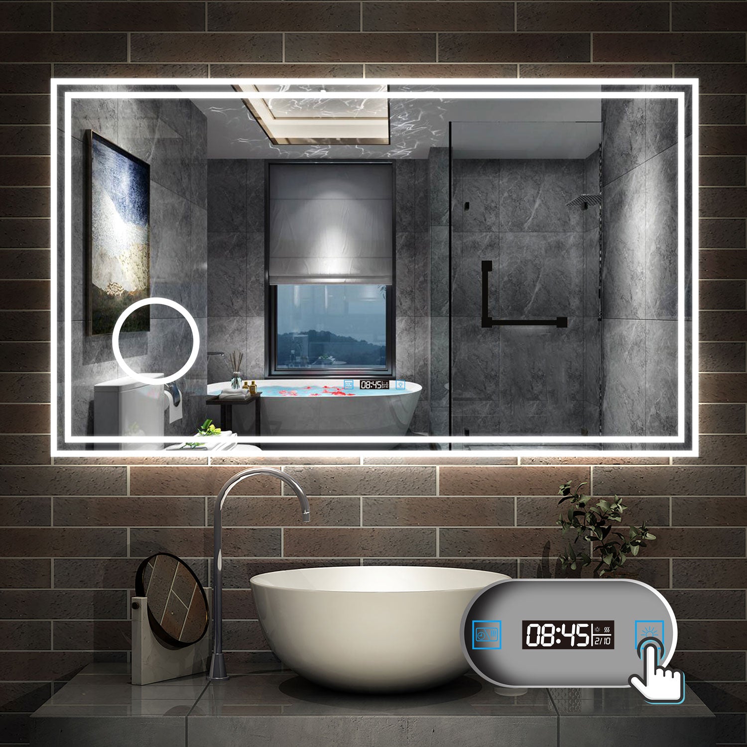 LED badkamerspiegel 80 tot 160cm 3 lichtkleur 2700-6500K wandspiegel met klok, touch, anti-condens, 3-voudige vergroting Make-up spiegel IP44 koud / neutraal / warm wit Dimbaar