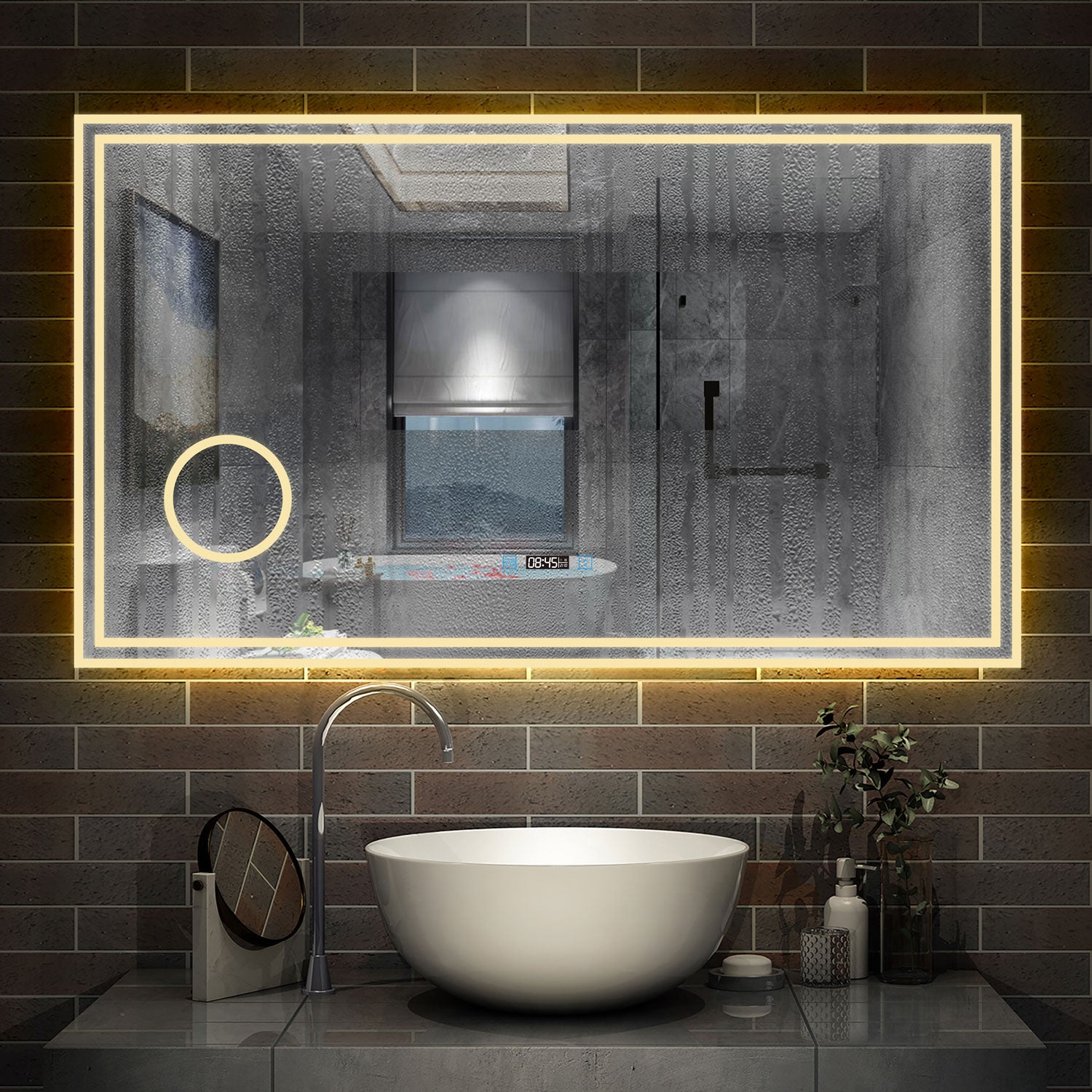 LED badkamerspiegel 80 tot 160cm 3 lichtkleur 2700-6500K wandspiegel met klok, touch, anti-condens, 3-voudige vergroting Make-up spiegel IP44 koud / neutraal / warm wit Dimbaar
