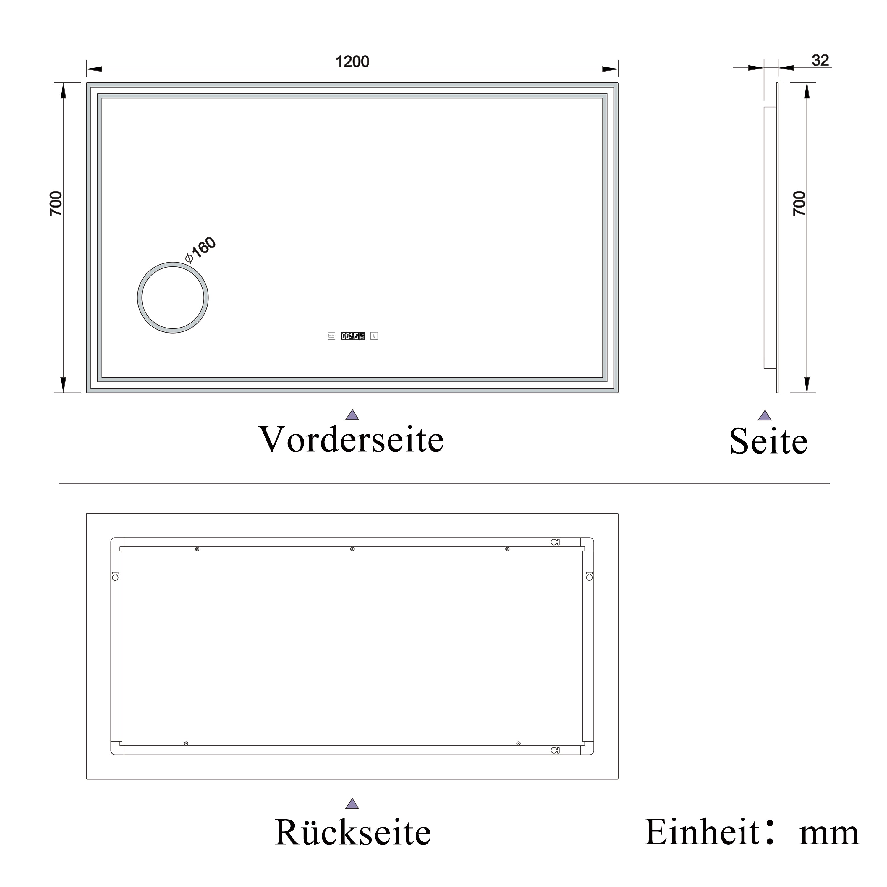 LED badkamerspiegel 80 tot 160cm 3 lichtkleur 2700-6500K wandspiegel met klok, touch, anti-condens, 3-voudige vergroting Make-up spiegel IP44 koud / neutraal / warm wit Dimbaar 120x70 cm