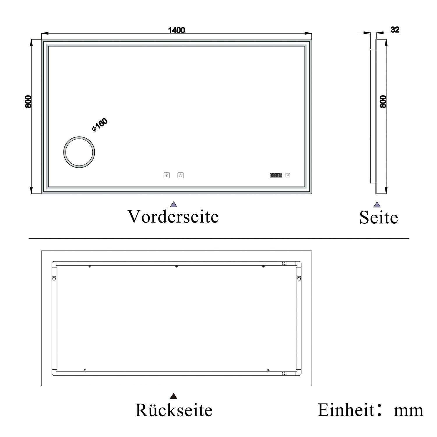 LED badkamerspiegel 70 tot 160cm met Bluetooth, touch, anti-fog, wandspiegel 3 licht kleur 2700-6500K, dimbaar, IP44 140x80 cm Bluetooth+Touch+Klok+Loepen