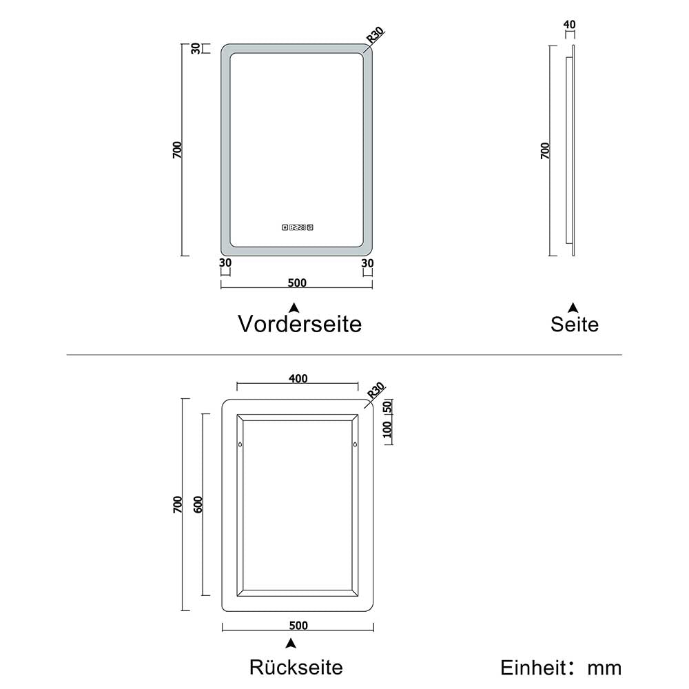 LED badkamerspiegel wandspiegel met klok, touch, condensvrije badkamerspiegel met verlichting lichtspiegel IP44 koud wit energiebesparend 50x70cm