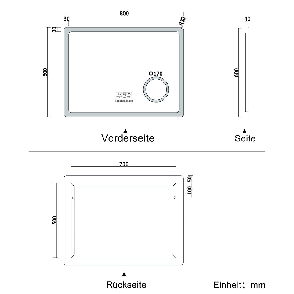 LED badkamerspiegel 80 tot 160cm 2 lichtkleur 2700/6000K wandspiegel met bluetooth, klok, touch, anti-condens, 3-voudige vergroting Make-up spiegel IP44 koud/warm wit energiebesparend 80x60 cm