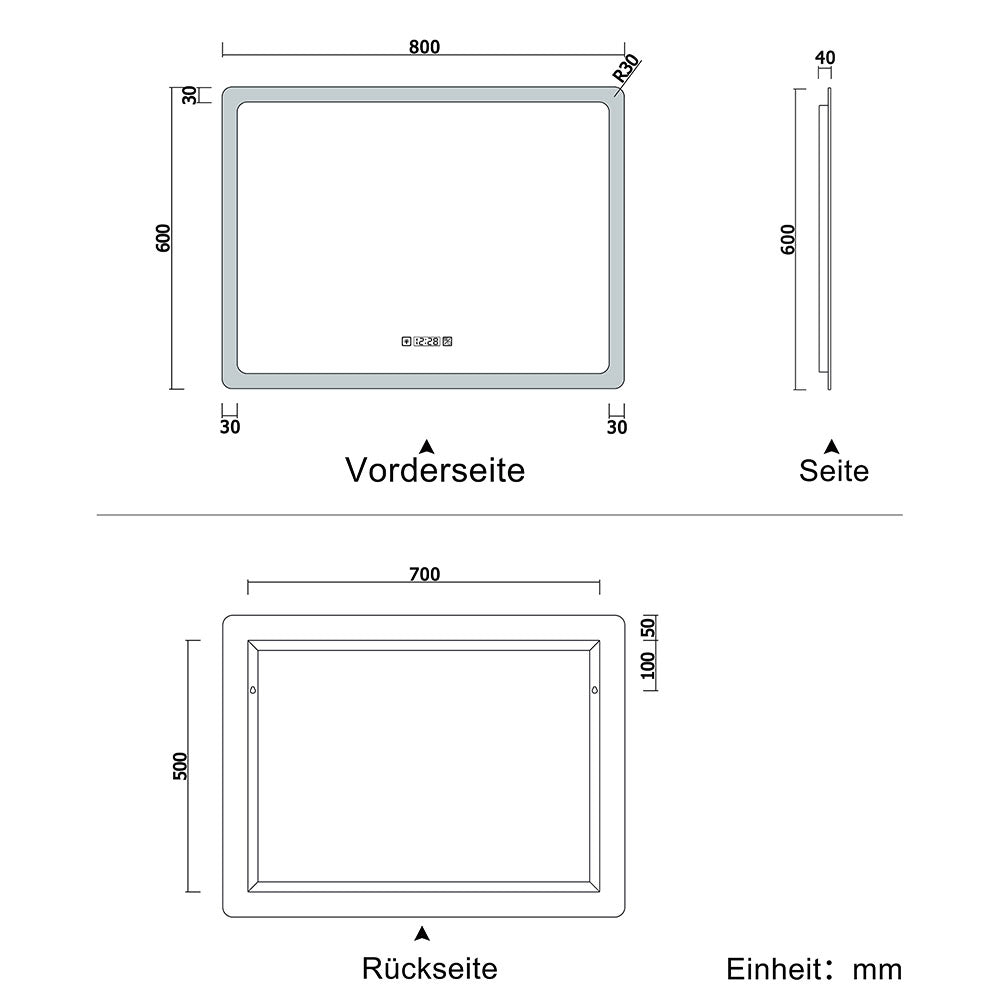 LED badkamerspiegel wandspiegel met klok, touch, condensvrije badkamerspiegel met verlichting lichtspiegel IP44 koud wit energiebesparend 80x60cm