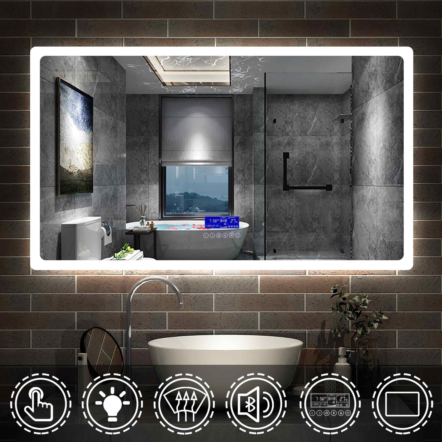 LED badkamerspiegel 70 tot 160 cm 2 lichtkleur 2700k/6000K wandspiegel met bluetooth, touch, anti-condens, IP44 koud/warm wit energiebesparend