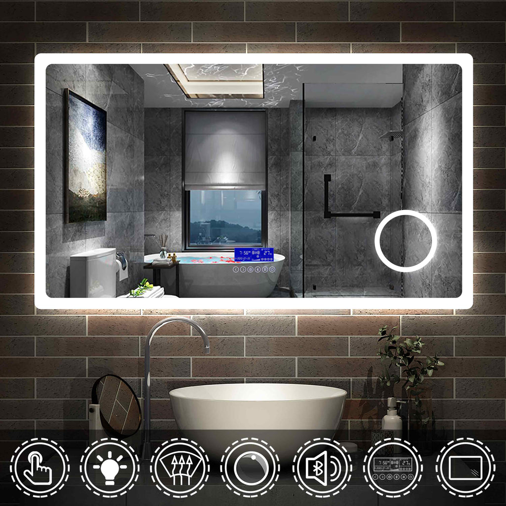 LED badkamerspiegel 80 tot 160cm 2 lichtkleur 2700/6000K wandspiegel met bluetooth, klok, touch, anti-condens, 3-voudige vergroting Make-up spiegel IP44 koud/warm wit energiebesparend