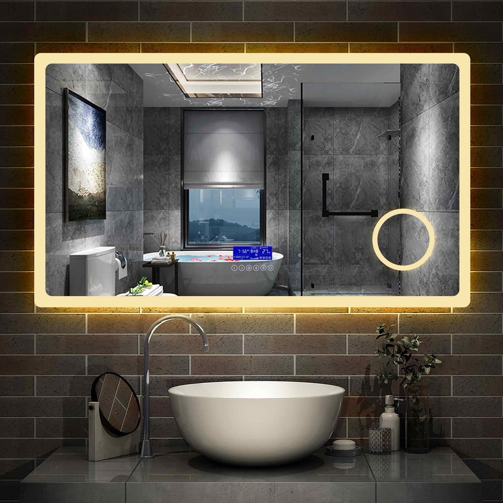 LED badkamerspiegel 80 tot 160cm 2 lichtkleur 2700/6000K wandspiegel met bluetooth, klok, touch, anti-condens, 3-voudige vergroting Make-up spiegel IP44 koud/warm wit energiebesparend
