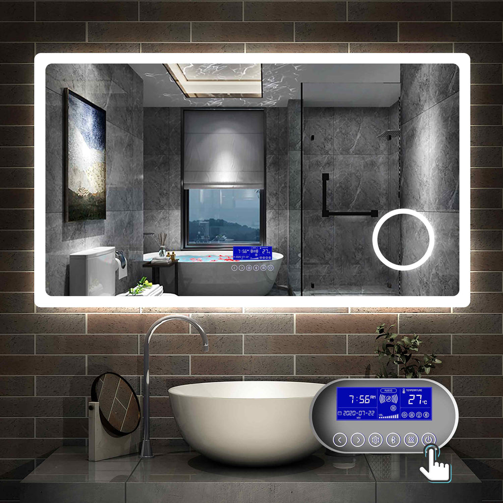 LED badkamerspiegel 80 tot 160cm 2 lichtkleur 2700/6000K wandspiegel met bluetooth, klok, touch, anti-condens, 3-voudige vergroting Make-up spiegel IP44 koud/warm wit energiebesparend