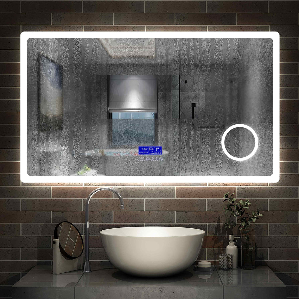 LED badkamerspiegel 80 tot 160cm 2 lichtkleur 2700/6000K wandspiegel met bluetooth, klok, touch, anti-condens, 3-voudige vergroting Make-up spiegel IP44 koud/warm wit energiebesparend
