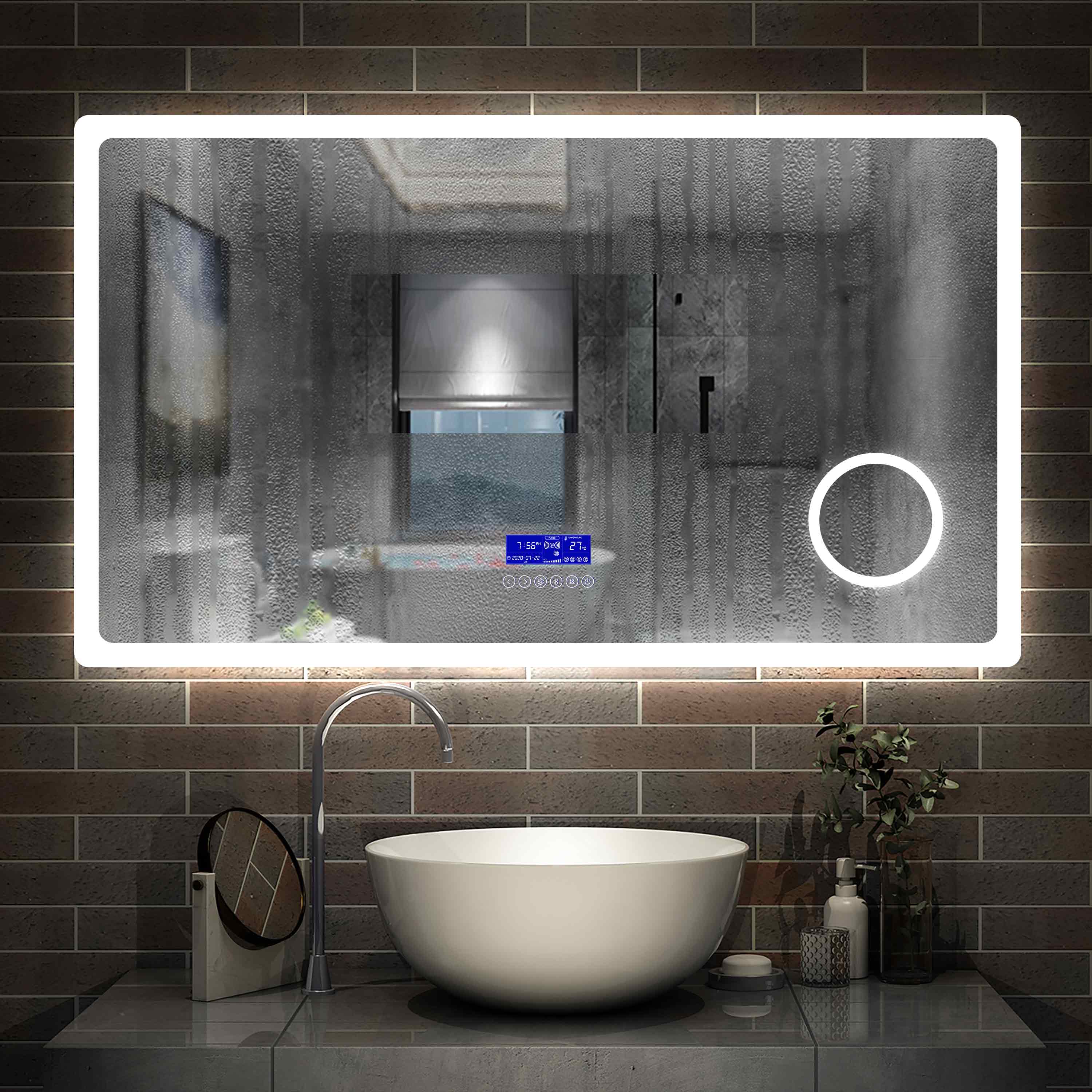 LED badkamerspiegel 80 tot 160cm 2 lichtkleur 2700/6000K wandspiegel met bluetooth, klok, touch, anti-condens, 3-voudige vergroting Make-up spiegel IP44 koud/warm wit energiebesparend