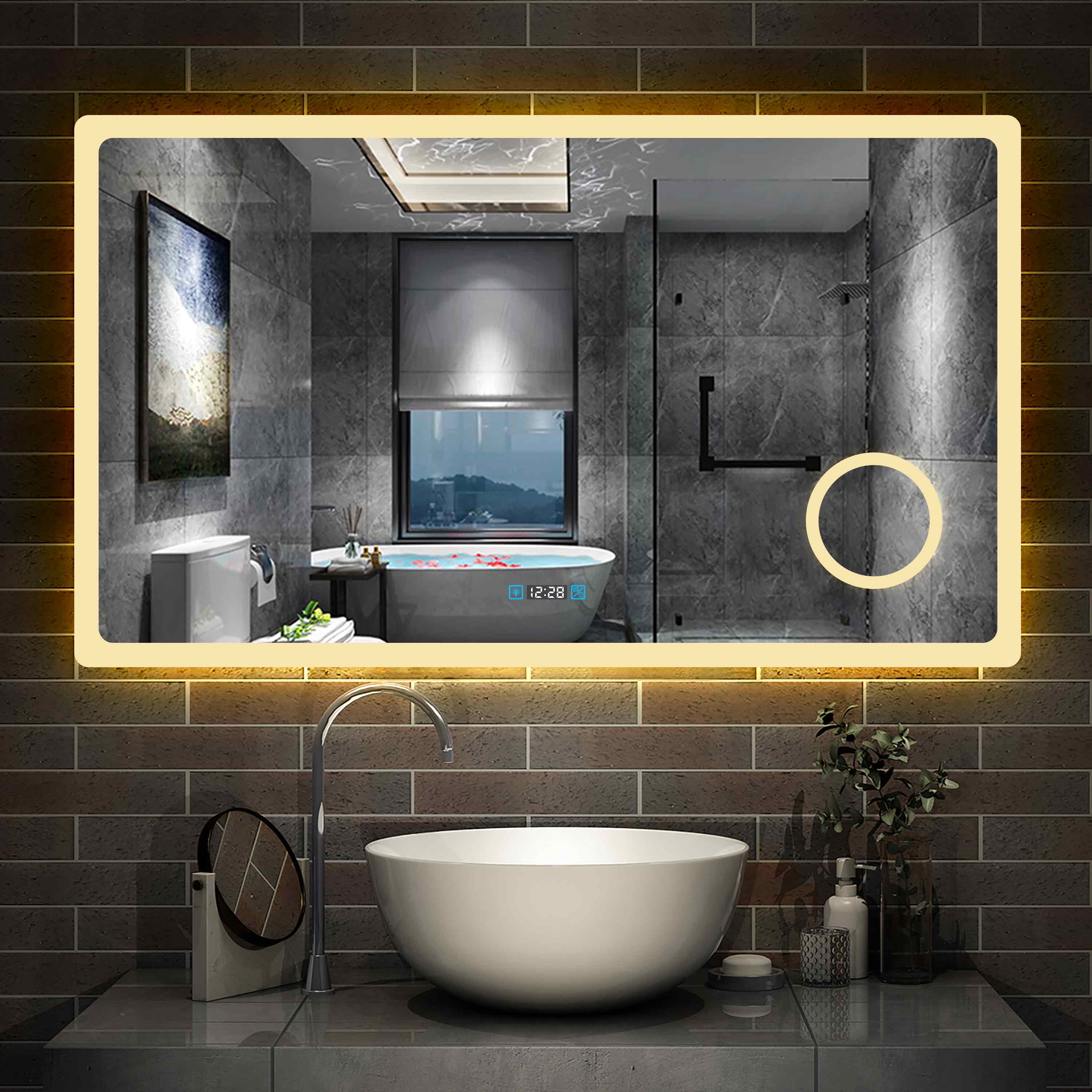 LED badkamerspiegel 80 tot 160cm 3 lichtkleur 2700-6500K wandspiegel met klok, touch, anti-condens, 3-voudige vergroting Make-up spiegel IP44 koud / neutraal / warm wit energiebesparend