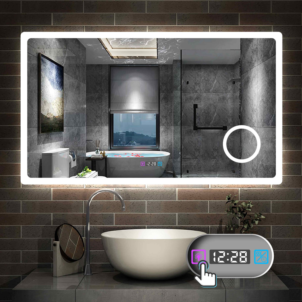 LED badkamerspiegel 80 tot 160cm 3 lichtkleur 2700-6500K wandspiegel met klok, touch, anti-condens, 3-voudige vergroting Make-up spiegel IP44 koud / neutraal / warm wit energiebesparend