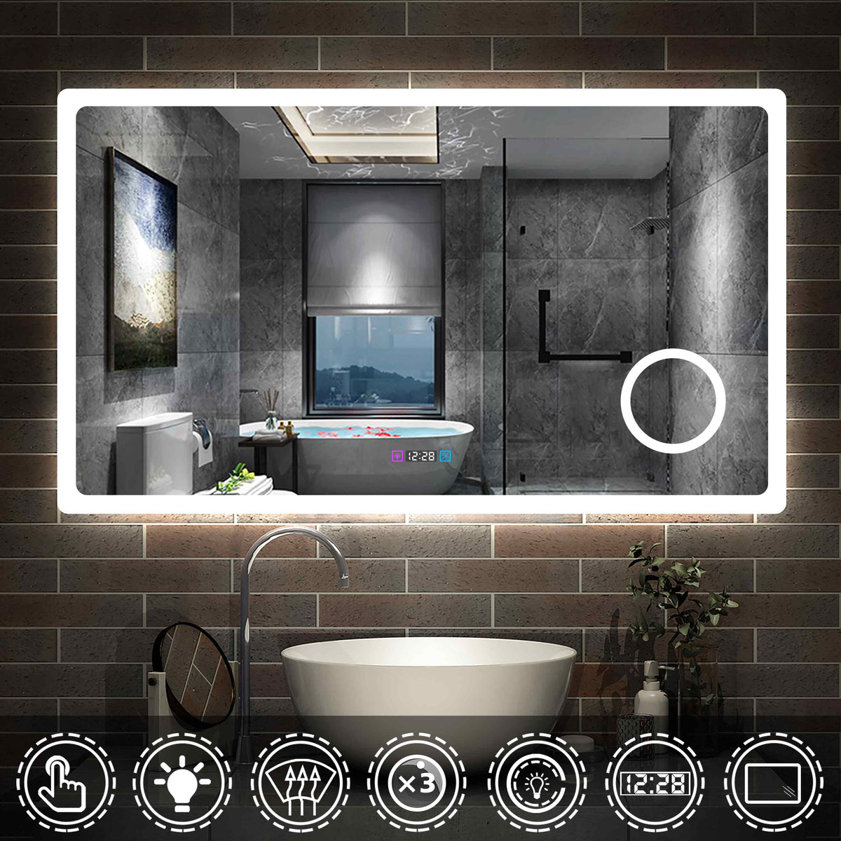 LED badkamerspiegel 80 tot 160cm 3 lichtkleur 2700-6500K wandspiegel met klok, touch, anti-condens, 3-voudige vergroting Make-up spiegel IP44 koud / neutraal / warm wit energiebesparend