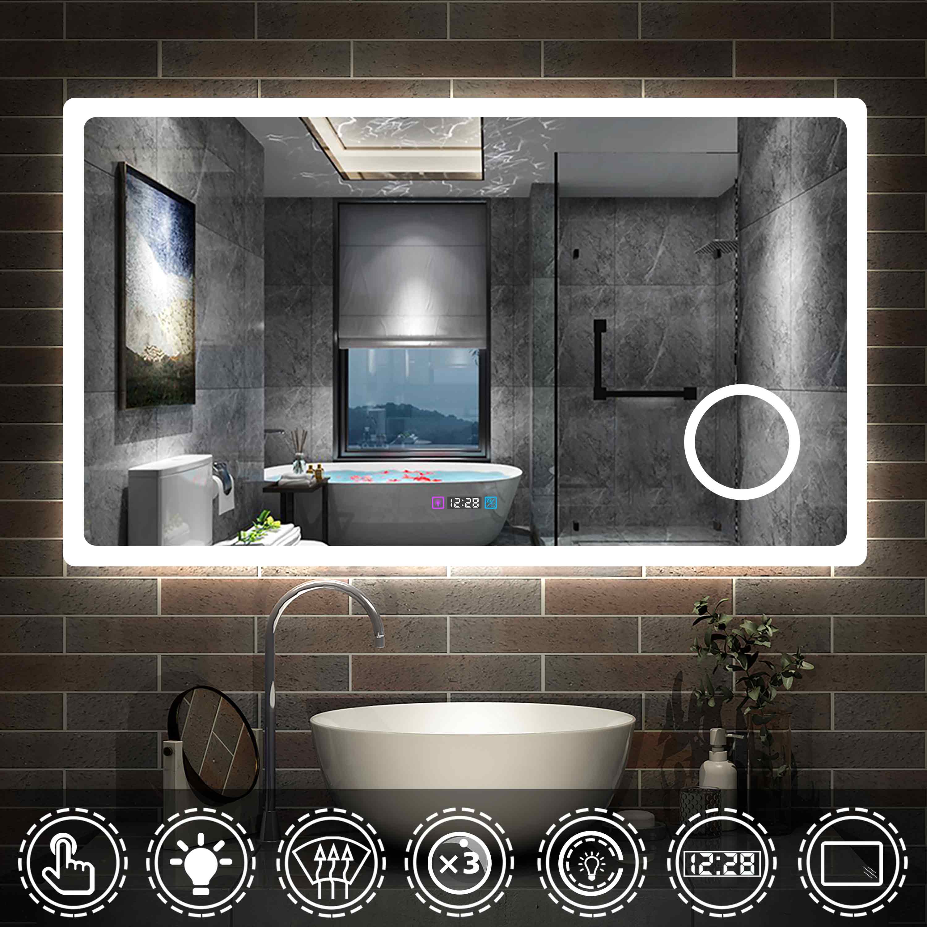 LED badkamerspiegel 80 tot 160cm 3 lichtkleur 2700-6500K wandspiegel met klok, touch, anti-condens, 3-voudige vergroting Make-up spiegel IP44 koud / neutraal / warm wit energiebesparend
