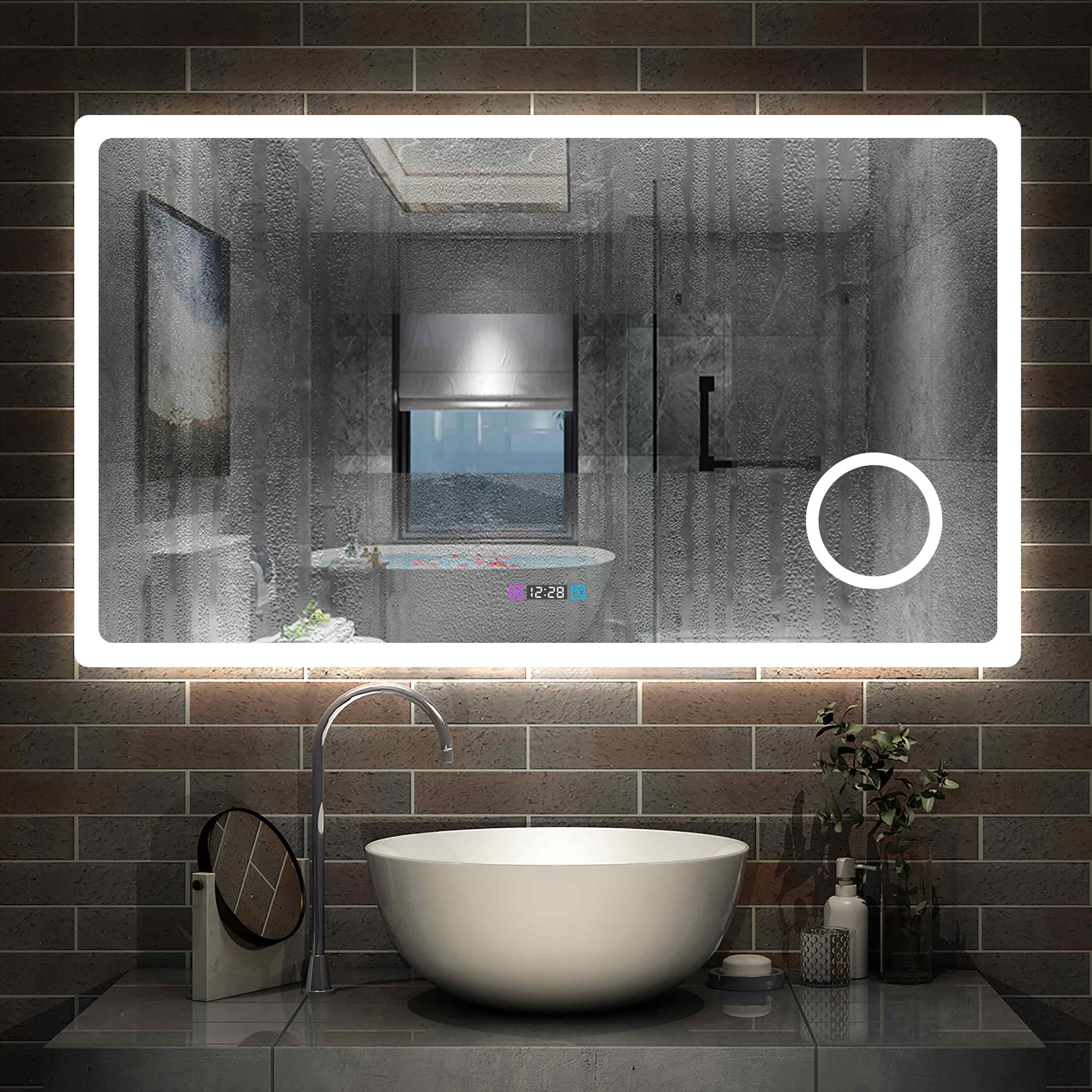 LED badkamerspiegel 80 tot 160cm 3 lichtkleur 2700-6500K wandspiegel met klok, touch, anti-condens, 3-voudige vergroting Make-up spiegel IP44 koud / neutraal / warm wit energiebesparend
