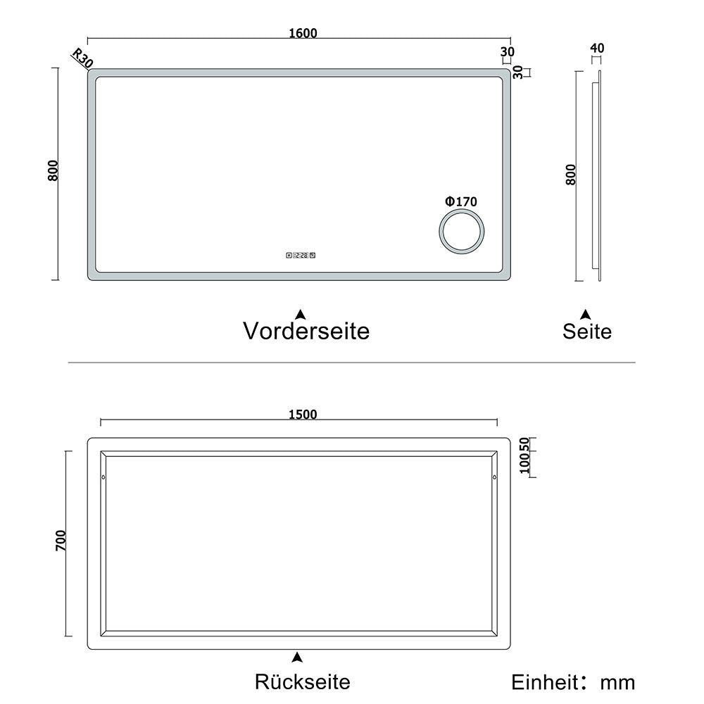 LED badkamerspiegel 80 tot 160cm 3 lichtkleur 2700-6500K wandspiegel met klok, touch, anti-condens, 3-voudige vergroting Make-up spiegel IP44 koud / neutraal / warm wit energiebesparend 160x80 cm